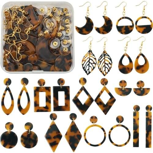 1Set Mixed Shape Leopard Print Resin Pendants with Earring Hooks and Back Iron Jump Rings for Dangle Earrings Jewelry Making DIY