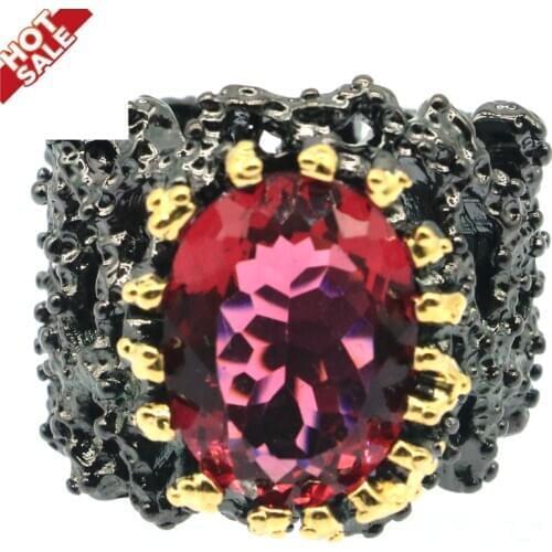 22x17mm Unique Big Heavy 18.5g Rings For Man Handmade Created Pink Tourmaline Cool Black Color Metal Gothic Street Jewelry