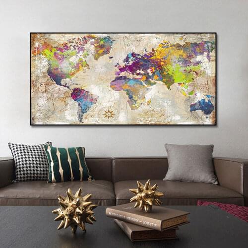 Retro World Map Pictures Posters and Prints Golden Wall Art Canvas Paintings for Livingroom Decoration Cuadros Home Wall Decor