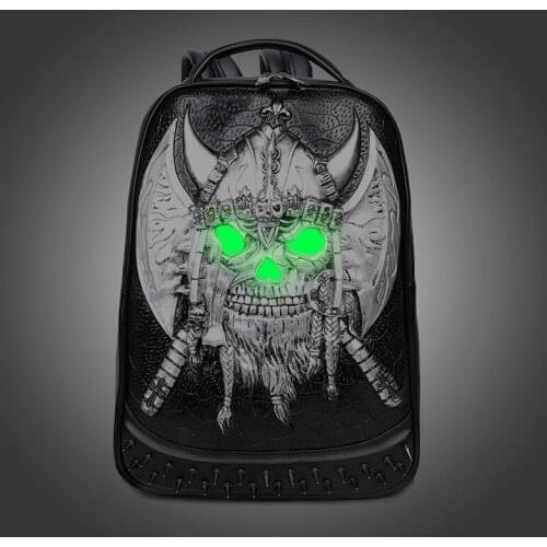 2021 3D Emboss Luminous Skull Studded Rivet Gother Men Backpack Leather Soft Travel Punk Rock Women Backpack Laptop School Bag