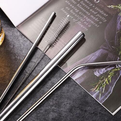 Reusable Metal Drinking Straws Stainless Steel Sturdy Bent Straight Drinks Straw With Cleaning Brush Set Party Bar accessory