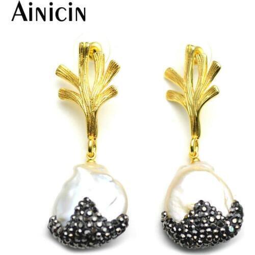 Natural Freshwater Pearls Black Rhinestone Crystal Paved Gold Branch Stud Earrings Fashion Women Party Jewelry