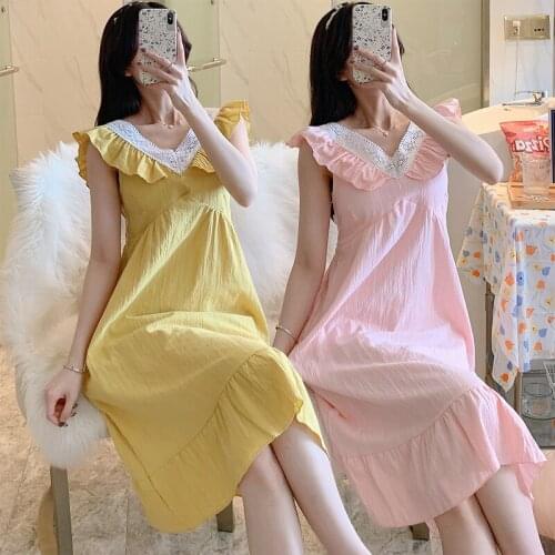 2021 Summer Sexy Sleeveless V-neck 100% Cotton Nightgowns for Women Loose Long Dress Nightdress Sleepwear Home Dress Night Dress