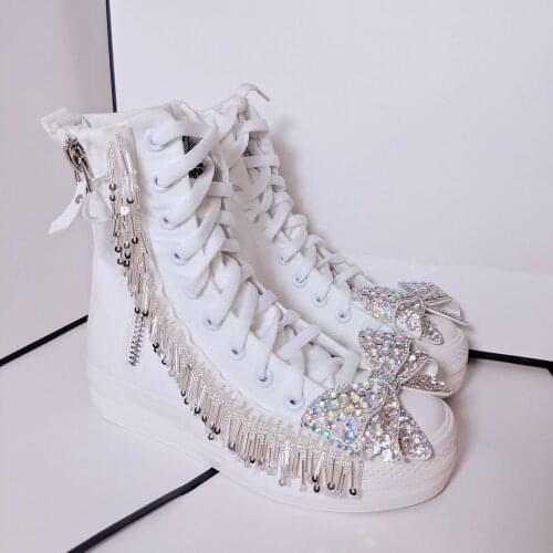 Autumn and winter new style Thailand handmade beaded tassel bow sweet high-top flat shoes platform canvas shoes