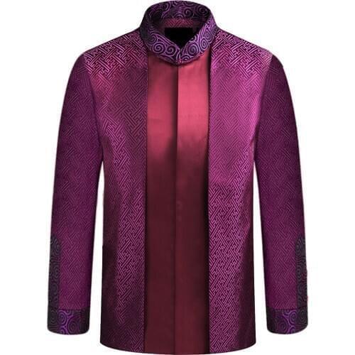 New Purple Chinese Traditional Mens Mandarin Collar Leader Costume Jackets Coats Long Sleeve Chinese National Costume