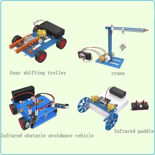 STEM educaton kids scientific experiment toy set Gear shifting trolley/crane /infrared obstacle avoidance vehicle
