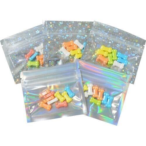 100pcs Clear Front Holographic Jewelry Cosmetics Package Bag Aluminum Foil Plastic Reclosable Flat Small Hologram Zip Lock Bags