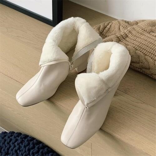 PXELENA Celebrity Genuine Leather Thick Wool Fur Snow Boots Women 2021 Winter Block Med Heels Square Toe Zip Office Lady Dress