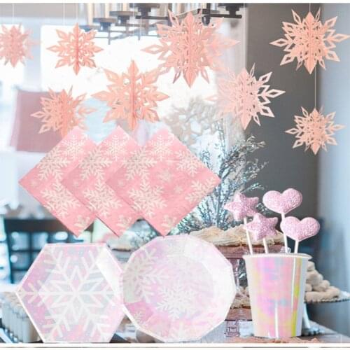 Pink Sparkle Disposable Tableware Snow Pattern Paper Plates Cups Birthday Wedding Party Decoration Christmas New Year Supplies