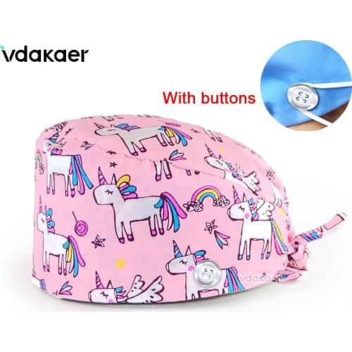 With Button Nursing Scrub Caps Little monster printing Hat Skull Cap Women Man 100% Cotton Headwear lab Work Hats