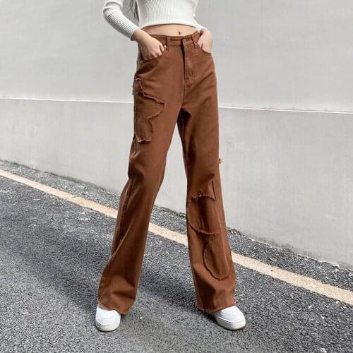 SEASONS Brown Casual Straight Jeans Women Fashion Pocket Long Denim Pants Capris Skinny Vintage Trousers Streetwear ASPA82495