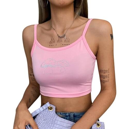 Womens Sexy Crop Cami Tops Sleeveless Spaghetti Strap Rhinestone Mushroom Pattern Camisole Tank Top For Female Summer Tops