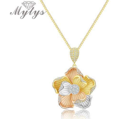 Mytys Three Tone Gold Graceful Flower Pendant Necklace High Quality Ethnic Metal Floral Cubic Zirconia Statement Necklace CN450