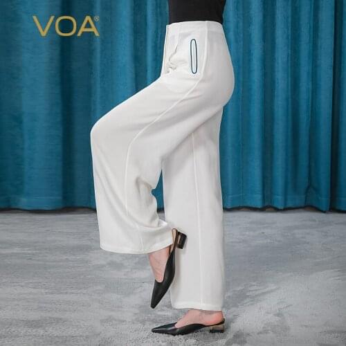 VOA 30m/m Silk White Trousers Sling Bag Filler Bezel with Waist Yuke Pleated Stitching Crisp Wide Leg Pants for Woman KE193