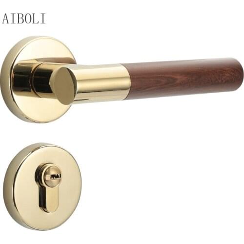 Bedroom Interior Door Lock Bright Gold Wood Grain Handle Lock Silent European Mechanical Solid Wood Door Lock