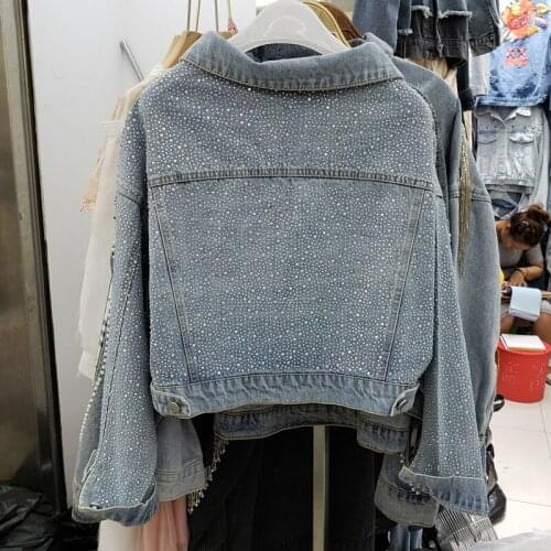 Fad Fall New Heavy Work Hot Drill Denim Jacket Chaqueta Vaquera Women Short Jackets Female Light Blue Long Sleeve Veste Femme