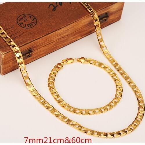 Womens Mens Chain 18 k Golden Chain Curb Link Yellow Solid G/F Gold Necklace Bracelet Chain 7MM Jewelry sets