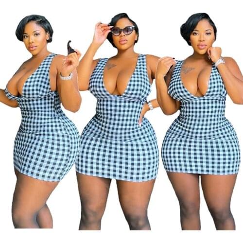 Sexy Backless Bodycon Skinny Dress for Women Plus Size Sleeveless V-neck Plaid Printed Dresses Robe Femme Vestidos 4XL