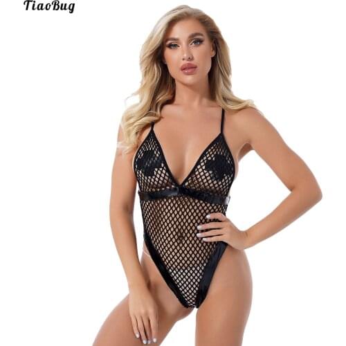 TiaoBug Women See-Through Hollow Out Fishnet Bodysuit Patent Leather Patchwork High Cut Spaghetti Strap Leotard Lingerie