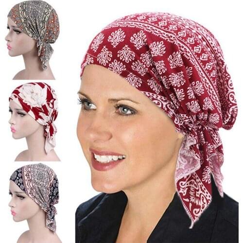 1PC Women Turban Head Wrap Muslim Hat Chemotherapy Cap Floral Printing Cotton Headwear Fashion Elastic Headband Ladies Bandanas