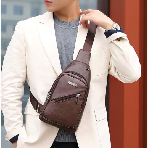 2021 Mens USB Charging Bag Male Chest Bag PU Leather Shoulder Bag High Quality Phone Purse Messenger Travel Bag Cross Body Bags