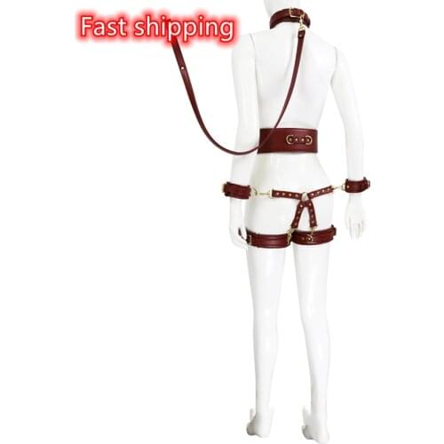 BDSM Bondage Harness Corset Kit For Woman Body Hogtie SM Sexy Red Leather Feitsh Strap Garter Leg Binder Waist Belt Cuff Set