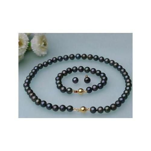 Free shipping 7-8mm black Real Natural Freshwater Pearl Necklace Bracelet Earrings Jewelry Set