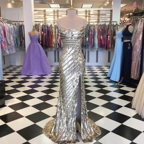 Sparkle Sequins Prom Dress 2k19 Straight Spaghetti Neck Gold Pageant Gowns High Split Side Burgundy Lace Up Back Long Real Photo