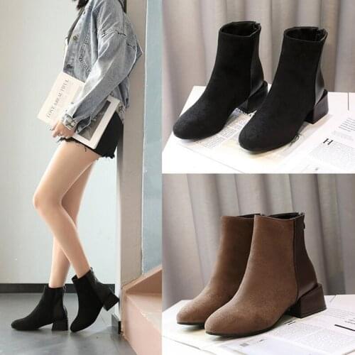 Pu leather/flock flat chunky heels boots round toe patchwork back zip snow booties women autumn winter comfy riding botas 2020