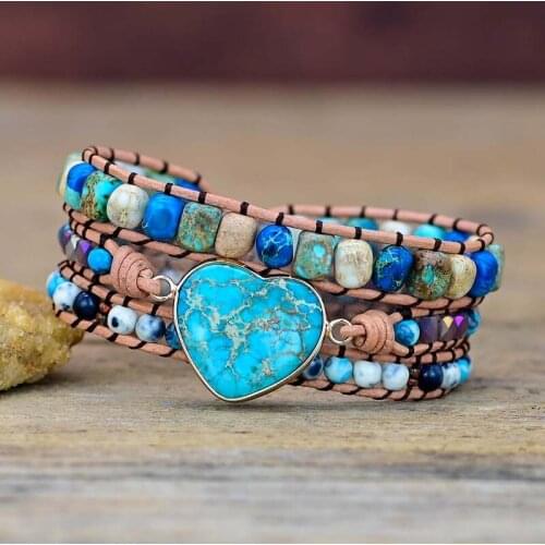 Blue Natural Stone 3 Wraps Bracelet Handmade Boho Love Shape Emperor Bracelet Friendship Bracelet Dropshipping