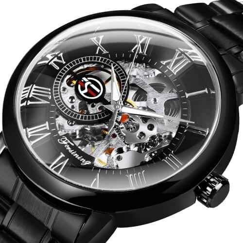 FORSINING Retro Skeleton Watch Mechanical Golden Mens Watches Top Brand Luxury Stainless Steel Strap Classic Clock часы мужские