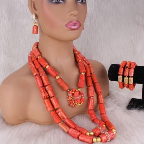 Dudo African Jewelry Set Orange Original Coral Africa Coral Beads Set Big Design 3 Layers Necklace Bracelet Earrings Set