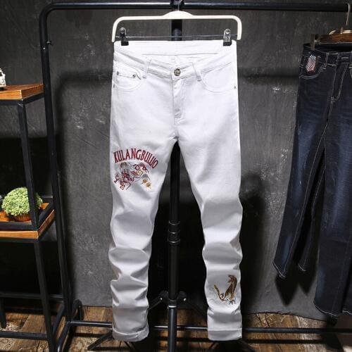Fashion Personality Mens Embroidery Jeans Spring Autumn Slim Long Trousers Men Boys Smart Trousers Tiger Man Jeans Plus Size