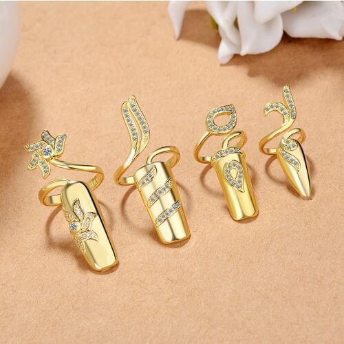 New Fashion Creative Opening Ring Flower Crystal Female Nail Cover Ring Set Jewelry Bridal Wedding Ring Wholesale