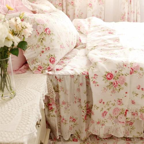 Pastoral rose print bedding set ruffle duvet cover princess quilt cover wrinkle bedspread bed sheet skirt bedroom bedding gift