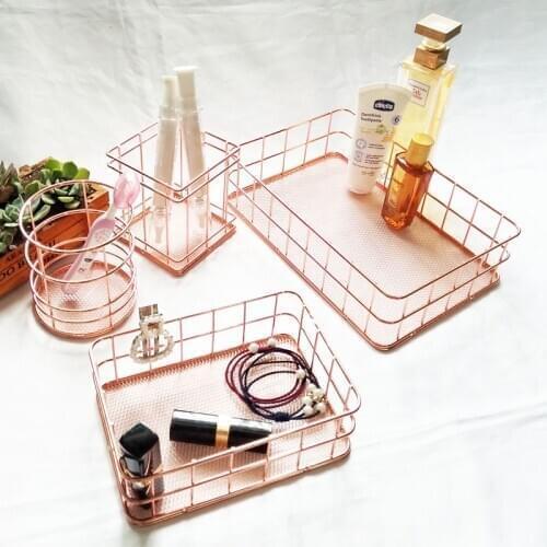 Nordic Rose Gold Metal Wire Iron Storage Basket Office Desktop Sundries Makeup Brushes Holder Table Cosmetics Organizer Rack