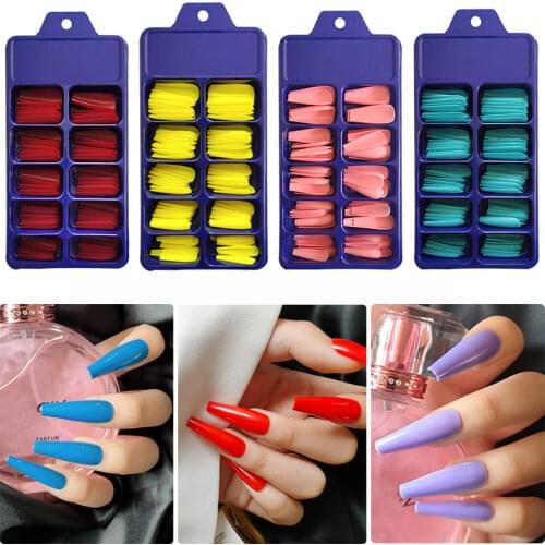 100Pcs/Set False Nail Tips Candy Color Full Cover Coffin Ballerina Fake Nails DIY Beauty Manicure Nails Art Extension Tools