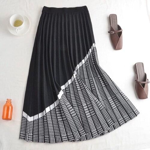 New Korean Luxury Womens Pleated Skirt Autumn Winter Thick Warm Elgant Plaid Patchwork Knitted Sweater Skirts Femme