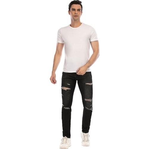 2021 New Fashoin Black Blue Jeans Mens Holed Casual Slim Stretch Pants Denim Jeans