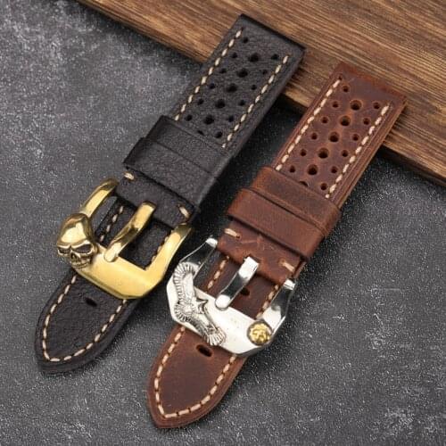 Handmade Leather Watchband Breathable leather Strap 20 22 24 26MM Breathable Hole Bronze Buckle Accessories