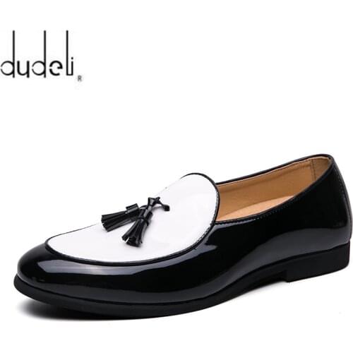 LUXURY LOAFERS ELEGANT MEN DRESS WEDDING OFFICE SHOES SUEDE PATCHWORK PATENT LEATHER SLIP ON TASSEL LOAFER FOR MEN CASUAL SHOES