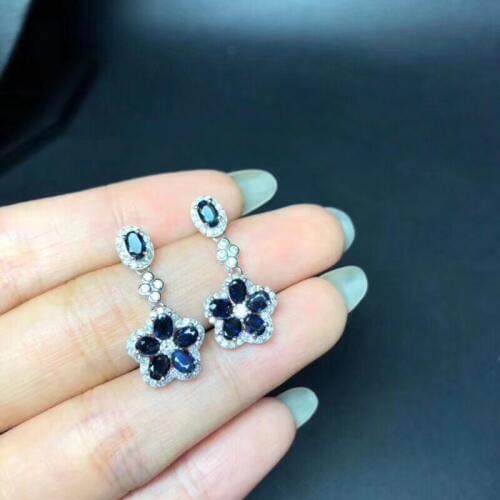 Flower Style Stud earring Free shipping Natural real sapphire 925 sterling silver stud earrings Fine jewelry