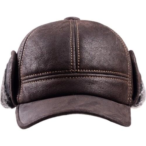 2022 Male Winter Genuine Leahter Suede Bomber Hat Man Nubuck Thick Head Warm Dome Caps Elder Black/Brown sewing Fitted Gorras