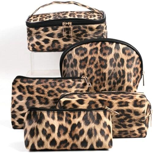 PU Leopard Printed Cosmetic Bag Three Piece Set Women Make Up Case 4/PC Travel Organizer Toiletry Purse