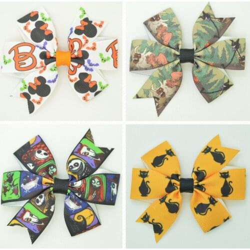 SUPWRF 3.1'' Halloween Cat cute bow Girls Hair Bow With Clip Boutique Printed Ribbon headwear diy wholesale 20 PCS T0929