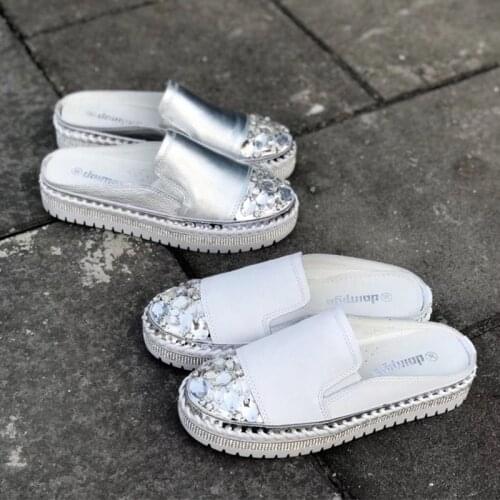 Genuine Leather Women Slippers Silver White Outdoor Slipper Flat Slippers Slip On Fashion Luxury Loafers zapatos de mujer туфли