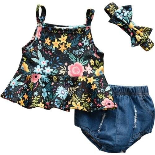FOCUSNORM Newborn Baby Girls Clothes Sets 3pcs Flowers Printed Strap Sleeveless Ruffle Tops Shorts Headband