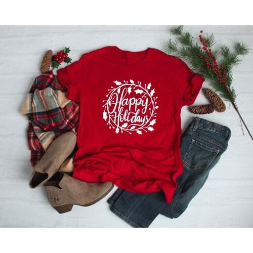 Funny Grunge Aesthetic Girl Casual Tee T-shirt Happy Holidays Christmas Shirt Red Unisex Christmas Party Style Graphic Celebrate