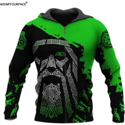Viking Odin Green 3D All Over Print Crewneck Zipper Hoodies Sweatshirts Outdoor Vocation Sports Streetwear Unisex Men Clothing
