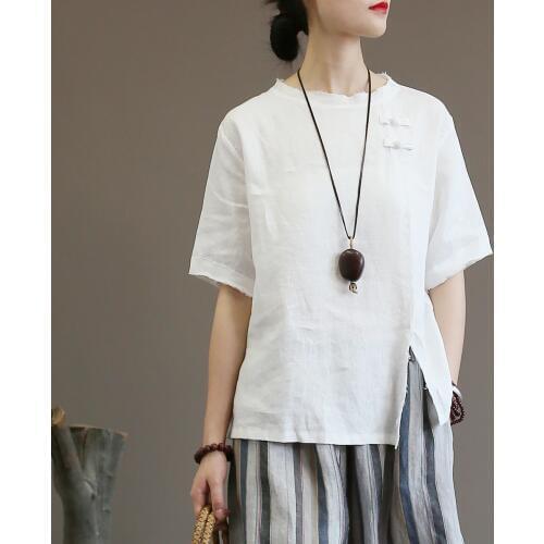Women Retro Solid Color Linen Shirt Tops Female Vintage Loose Short Sleeve Summer Tops Blouse Shirts Ladies Shirt 2018
